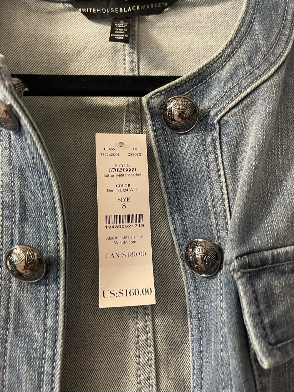 White House Black Market Light Blue Denim Military-Style Jacket - Picture 2 of 3